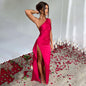 Robe d'été élégante et moulante en satin uni à une épaule et dos nu fendue, sexy et raffinée, pour femme