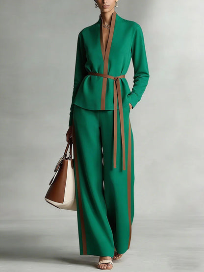Ensemble cardigan à col mandarin et pantalon large pour femme