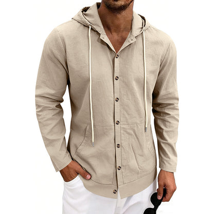 Loose-fit Men's Linen Casual Hooded Long-Sleeve Shirt