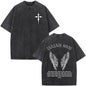 Fashionable Retro Cross Washed Short-Sleeve
