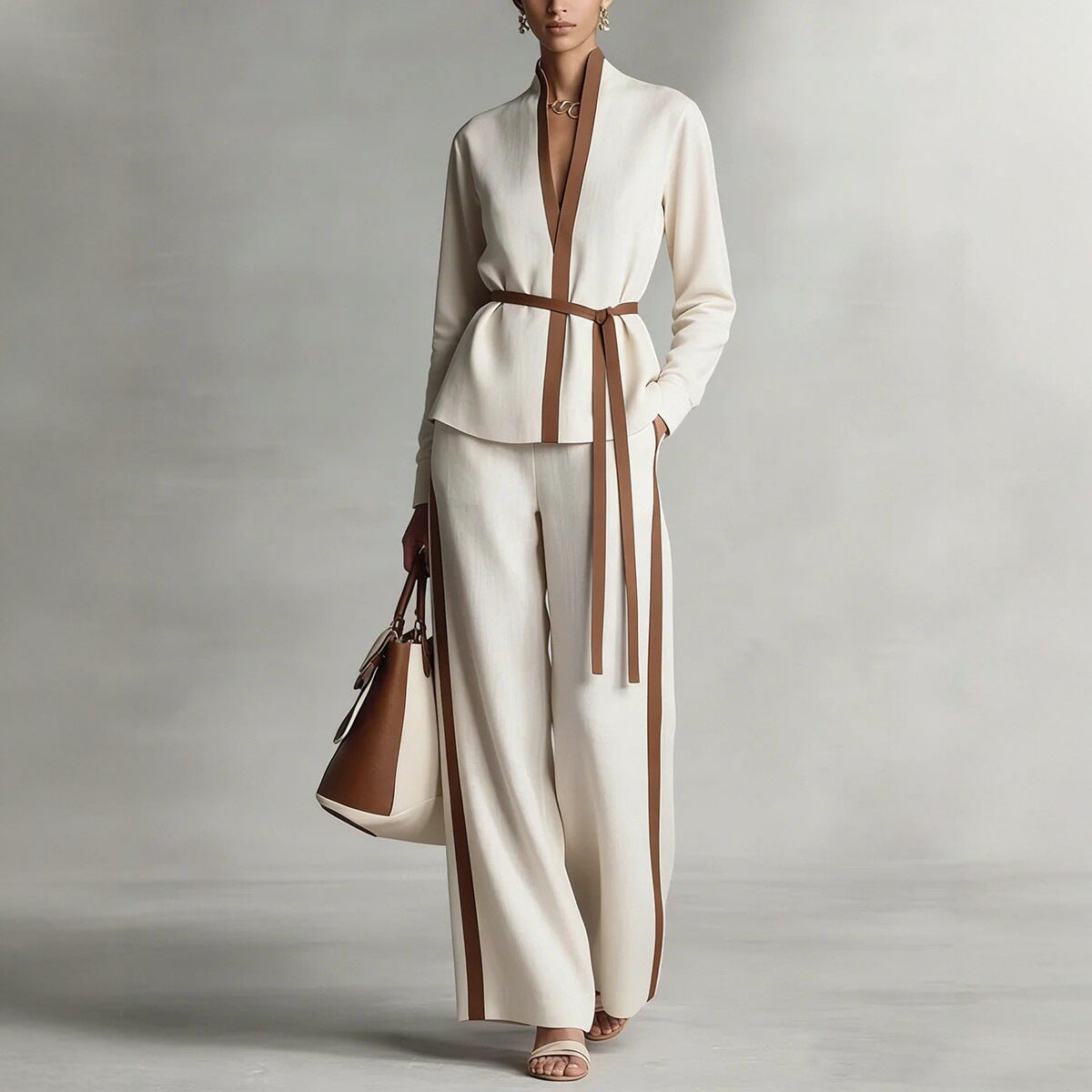 Ensemble cardigan à col mandarin et pantalon large pour femme