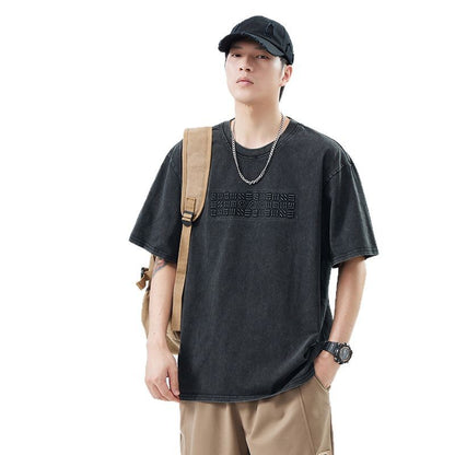 T-shirt à manches longues pour homme de style haut de gamme américain avec broderie lettrage.