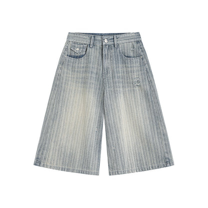 Workwear Striped Capri Denim Shorts