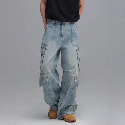 Washed Multi-Pocket Workwear Denim Jeans Mens Casual Wide-Leg Pants