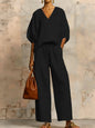 Womens Loose Solid-Colored V-Neck Half-Sleeve Top And Wide-Leg Pants Set