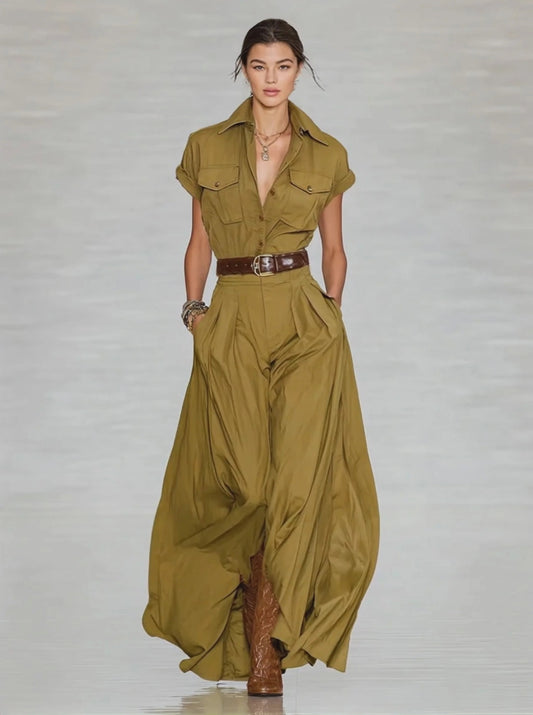 Short-sleeve Shirt-style Long Dress With Pockets