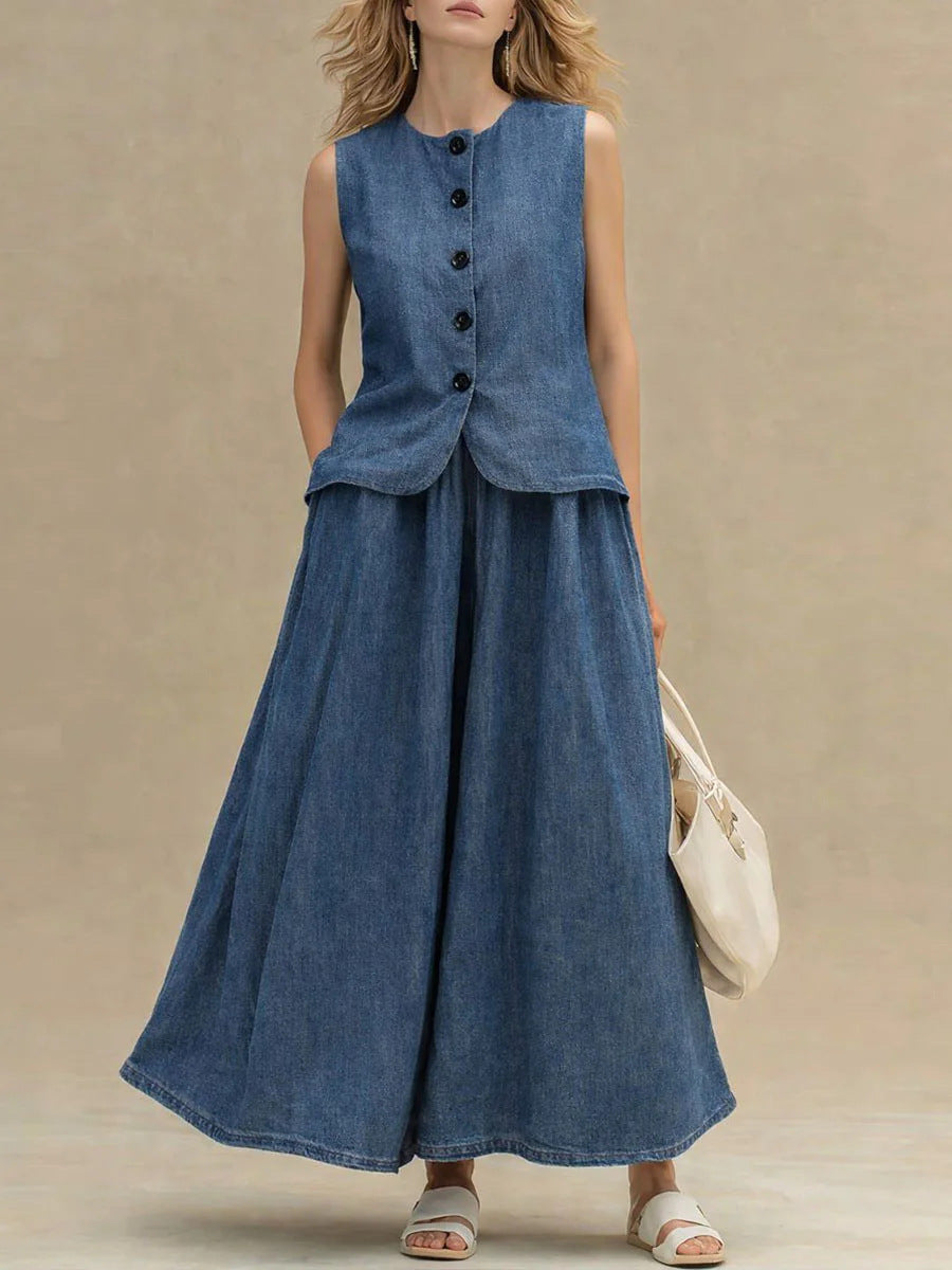 Womens Crew-Neck Denim Top And High-Waist A-Line Skirt Denim Set