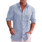 Men's Casual Digital-Print Lapel Striped Shirt