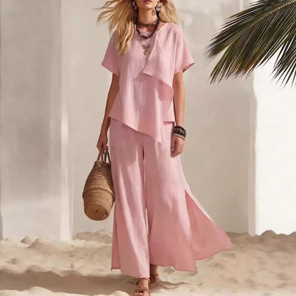 Casual Asymmetrical Short-sleeve Top And Slit Wide-leg Pants Set