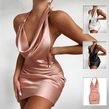 Robe de soirée en satin, col V, dos nu, mini sans manches, robe d'été