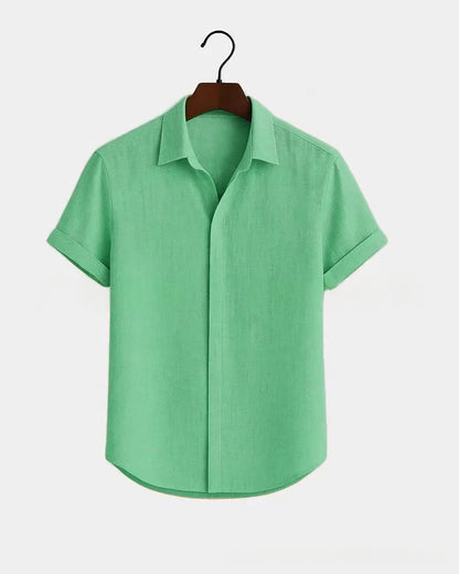 Solid-color Short-sleeve Cotton-linen Shirt For Men