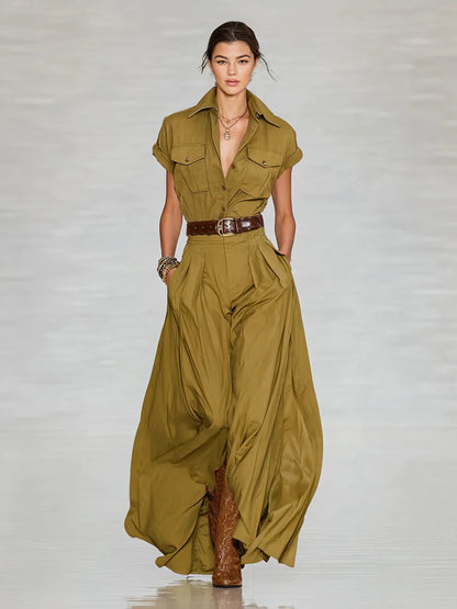 Short-sleeve Shirt-style Long Dress With Pockets