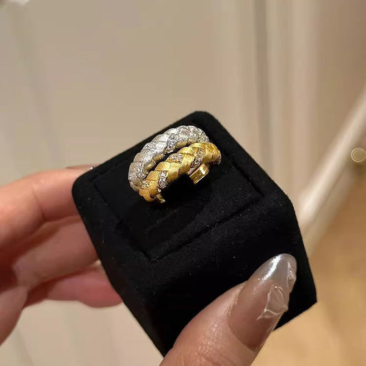 S925 Sterling Silver Brushed Woven Wheat Ear Ring For Women, Light Luxury Vintage Style, Heavy Craft Texture Twist Finger Ring