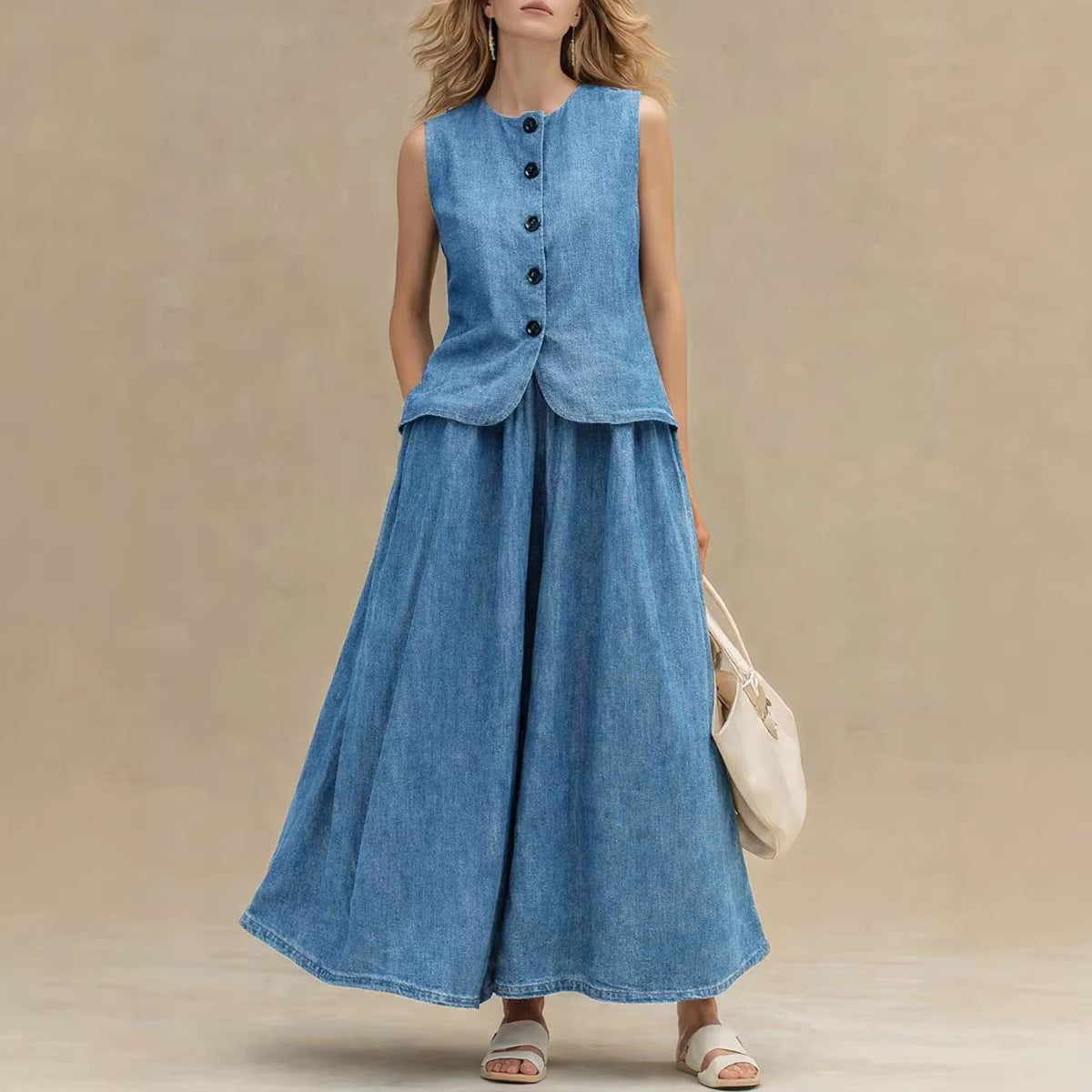 Womens Crew-Neck Denim Top And High-Waist A-Line Skirt Denim Set