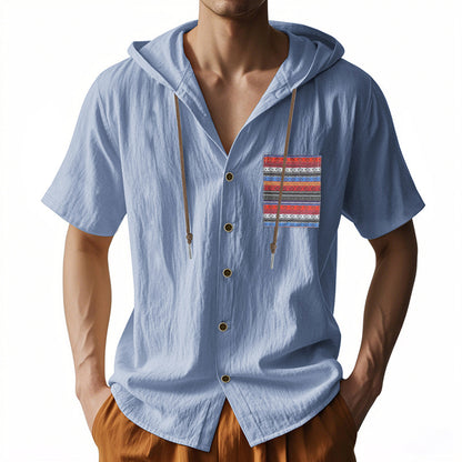 Linen Mens Short-sleeve Lightweight Loose-fitting Hooded T-shirt