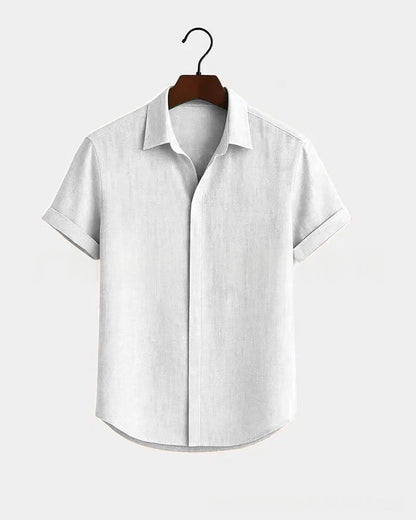 Solid-color Short-sleeve Cotton-linen Shirt For Men