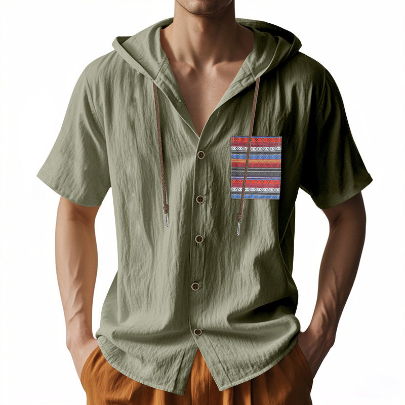 Linen Mens Short-sleeve Lightweight Loose-fitting Hooded T-shirt