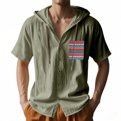 Linen Mens Short-sleeve Lightweight Loose-fitting Hooded T-shirt