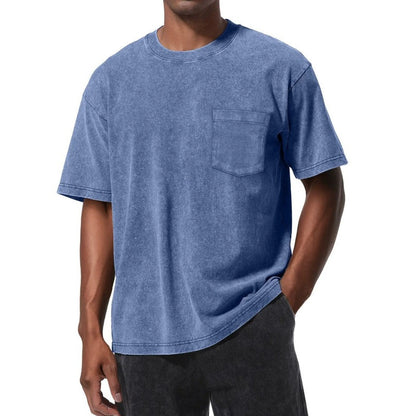Retro Washed Pocket 3D Digital Print All-Match Crew Neck Short-Sleeve T-Shirt