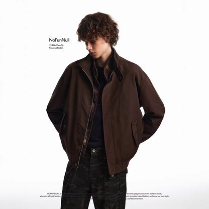 Plaid Patchwork Turn-Down Collar Baseball Jacket High-Street Vintage Barn Style Coat