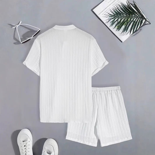 Fashionable Casual Stand Collar Pocket Short-Sleeve Shirt And Mens Shorts Two-Piece Set
