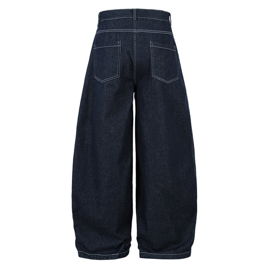 Men's High Waist Wide Leg Cut Off Denim Shorts - Blue Pleated Straight Fit Cotton Blend Jeans for Spring and Autumn