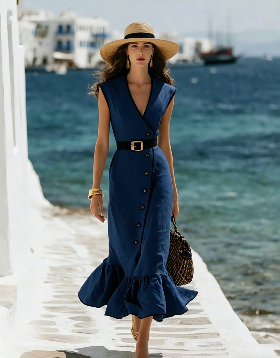 Robe midi tendance en lin mélangé à col en V
