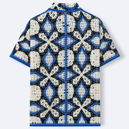 Geometric Jacquard Hollow-Out Knitted Polo Shirt
