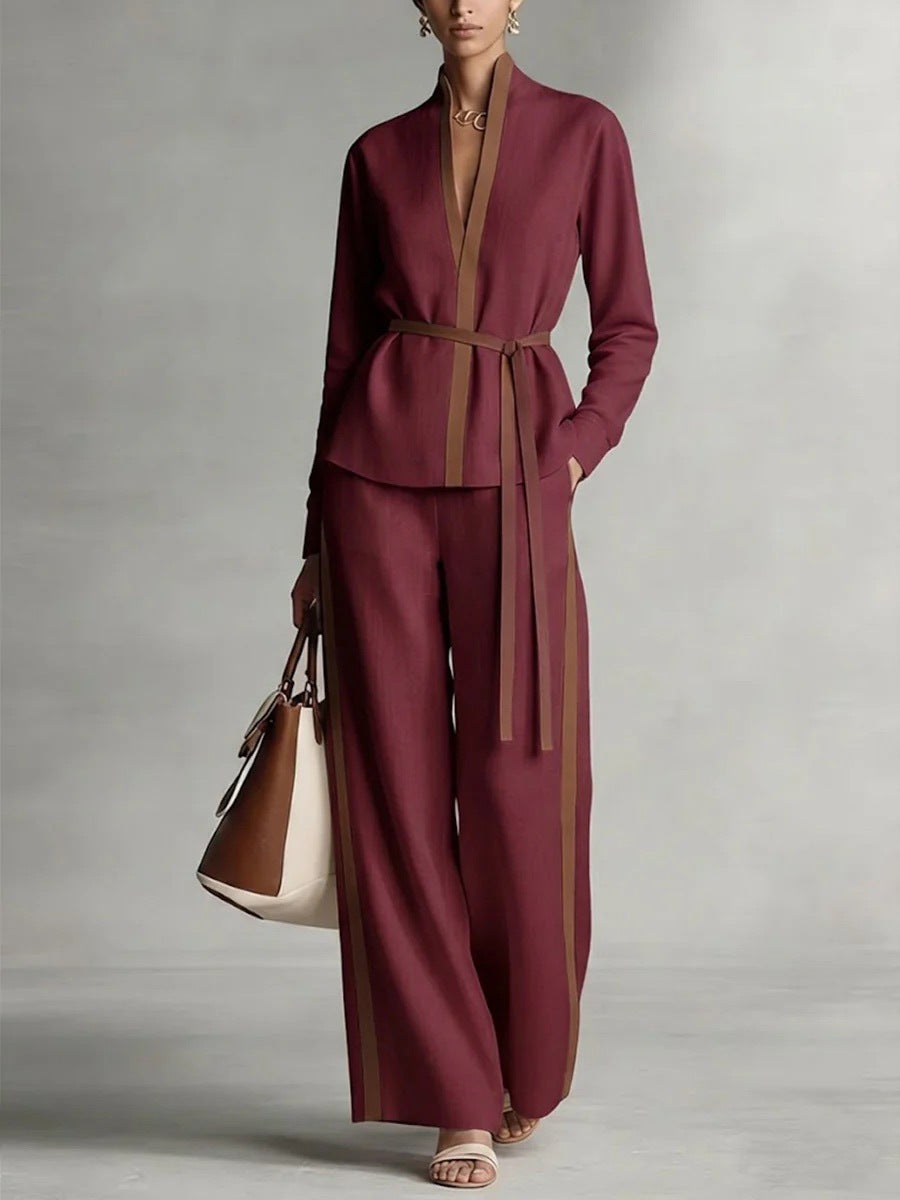 Ensemble cardigan à col mandarin et pantalon large pour femme