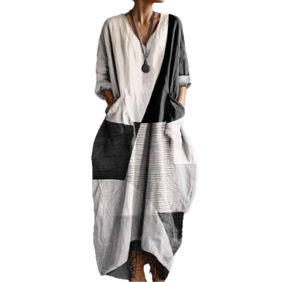 Printed Art Pocket V-Neck Long-Sleeve Dress