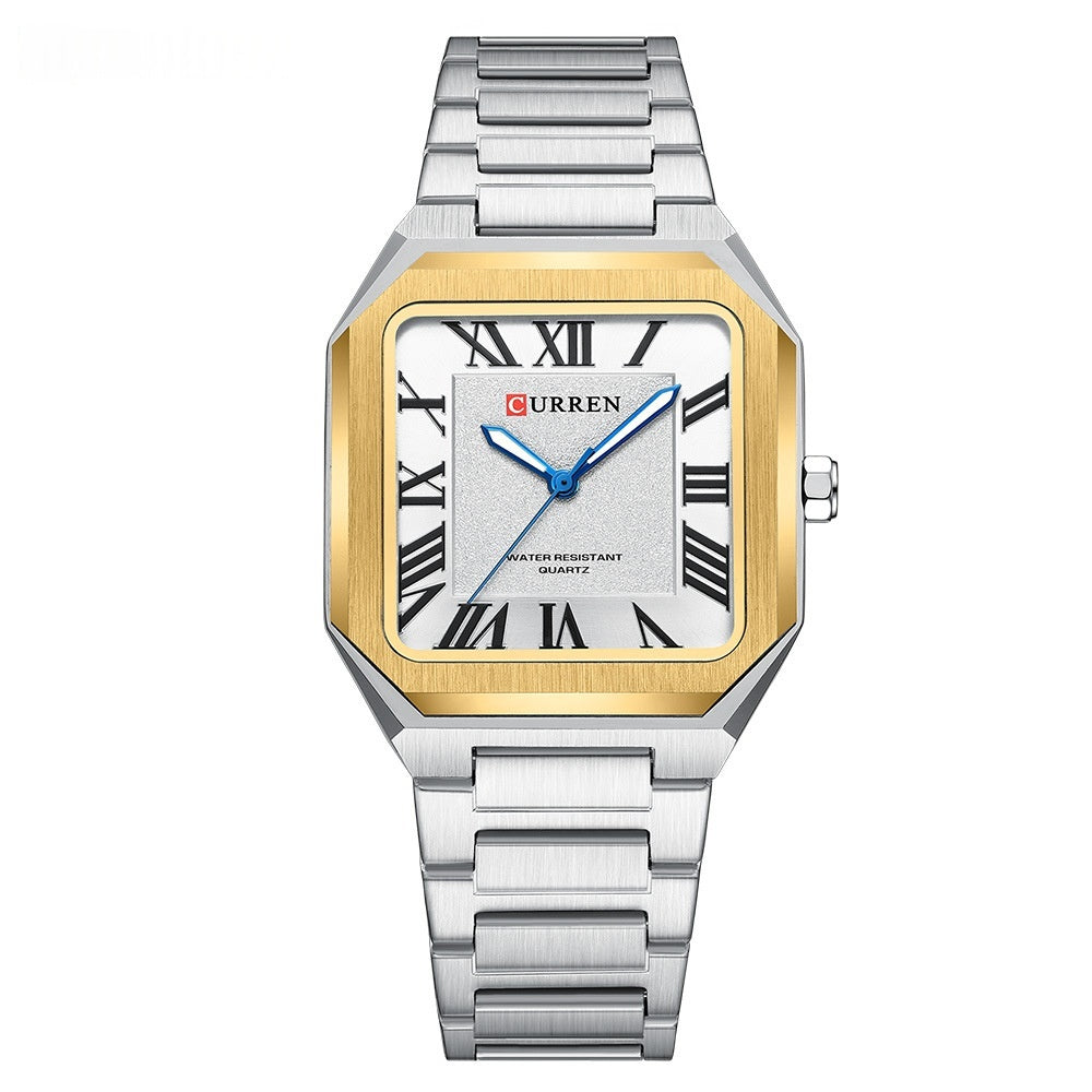 Mens Simple Square Waterproof Quartz Watch With Roman Numerals And Fashionable Steel Band