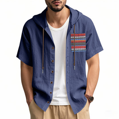 Linen Mens Short-sleeve Lightweight Loose-fitting Hooded T-shirt
