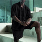 Mens Hollow-Out Lapel Button-Up Shirt And Loose Casual Shorts Set