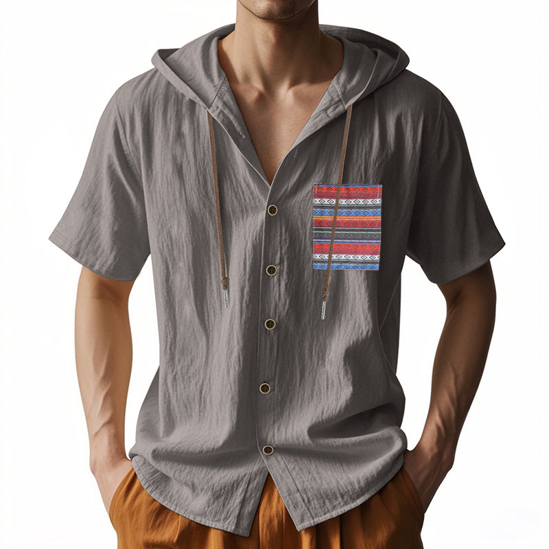 Linen Mens Short-sleeve Lightweight Loose-fitting Hooded T-shirt