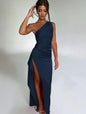 Robe d'été élégante et moulante en satin uni à une épaule et dos nu fendue, sexy et raffinée, pour femme