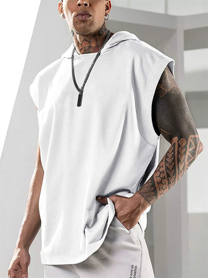 Summer Mens Sleeveless Loose Fitness Hooded Sports Vest