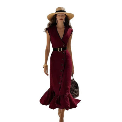 Robe midi tendance en lin mélangé à col en V