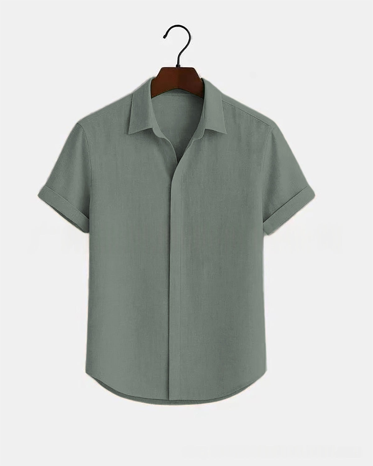 Solid-color Short-sleeve Cotton-linen Shirt For Men