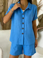 Casual Button-Up Cotton-Linen Womens Short-Sleeve Shirt Set