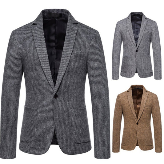 Simple Mens Fashionable Business-Casual Korean-Style Striped Wool Blazer