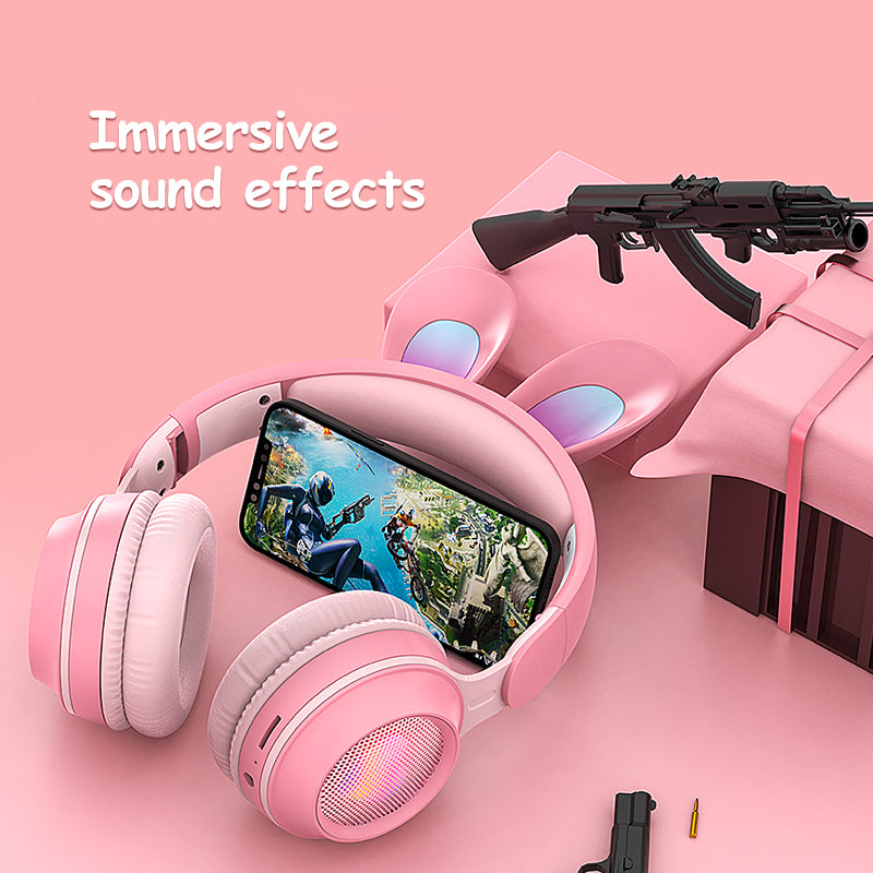 Casque sans fil avec oreilles de lapin : lumineux, extensible et avec micro intégré.