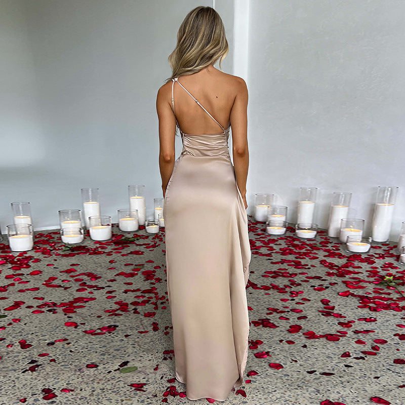 Robe d'été élégante et moulante en satin uni à une épaule et dos nu fendue, sexy et raffinée, pour femme
