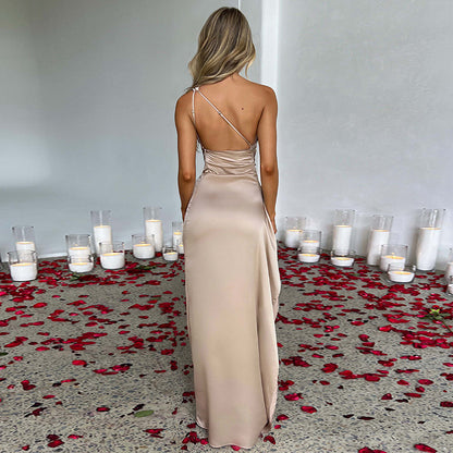 Robe d'été élégante et moulante en satin uni à une épaule et dos nu fendue, sexy et raffinée, pour femme
