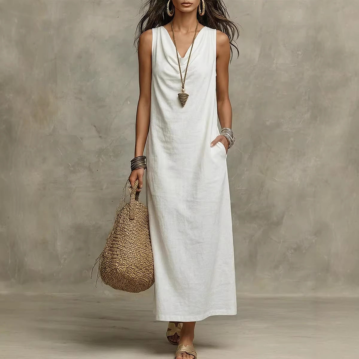 Robe sans manches ample, élégante et stylée à col en V