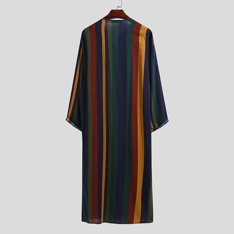 New Men Islam Qamis Muslim Striped Robes Long Sleeve Button-down Arabian Kaftan Suit Middle East Dubai Abaya Summer Man Clothing