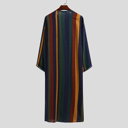 New Men Islam Qamis Muslim Striped Robes Long Sleeve Button-down Arabian Kaftan Suit Middle East Dubai Abaya Summer Man Clothing