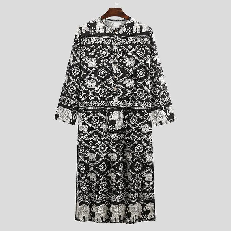 Men's Muslim Robes Ethnic Graphics Printed Long Sleeve Cotton Pockets Robes Casual Islamic Arab Kaftan Dubai Kaftan 2025 New