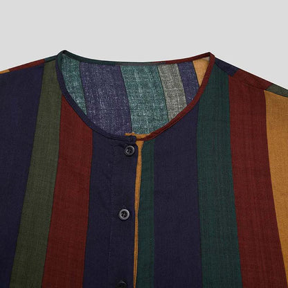 New Men Islam Qamis Muslim Striped Robes Long Sleeve Button-down Arabian Kaftan Suit Middle East Dubai Abaya Summer Man Clothing