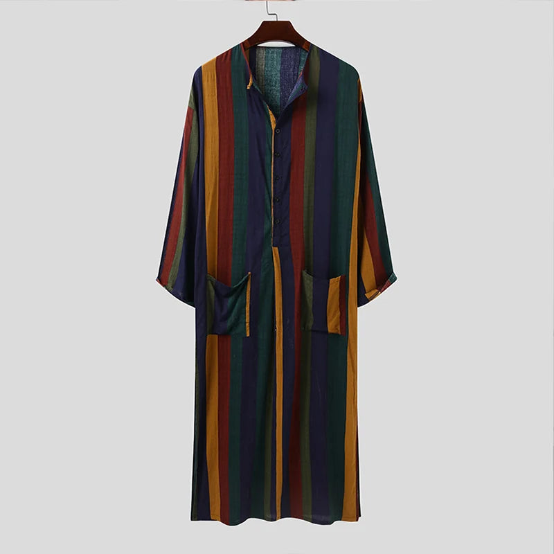 New Men Islam Qamis Muslim Striped Robes Long Sleeve Button-down Arabian Kaftan Suit Middle East Dubai Abaya Summer Man Clothing