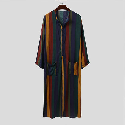 New Men Islam Qamis Muslim Striped Robes Long Sleeve Button-down Arabian Kaftan Suit Middle East Dubai Abaya Summer Man Clothing
